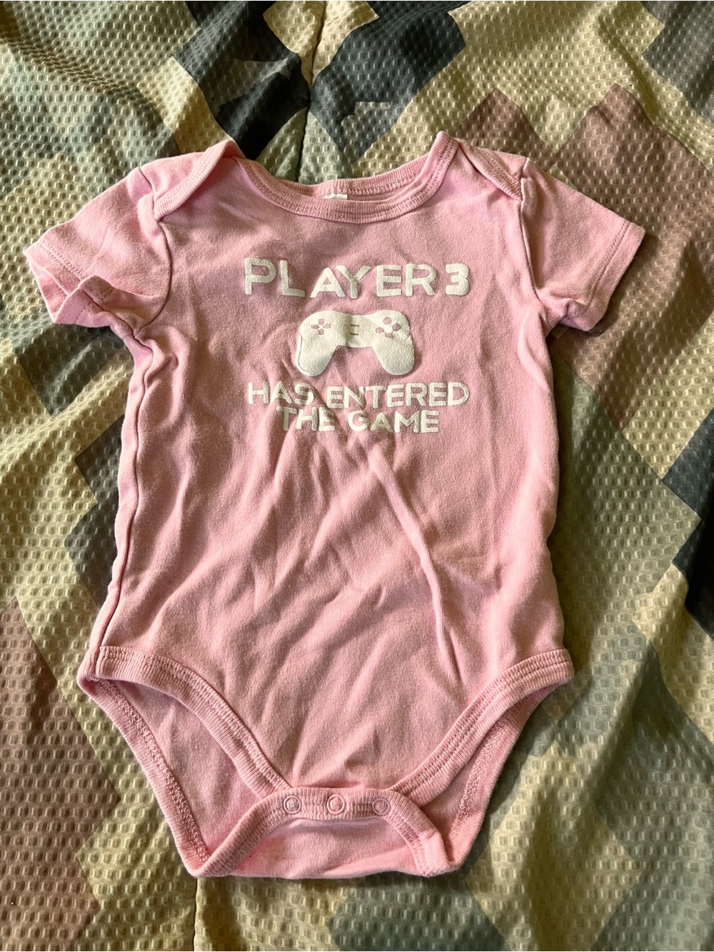 Soft Pink "Player 3 Has Entered the Game" Baby One-Piece